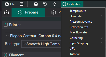 OrcaSlicer Calibration menu screenshot