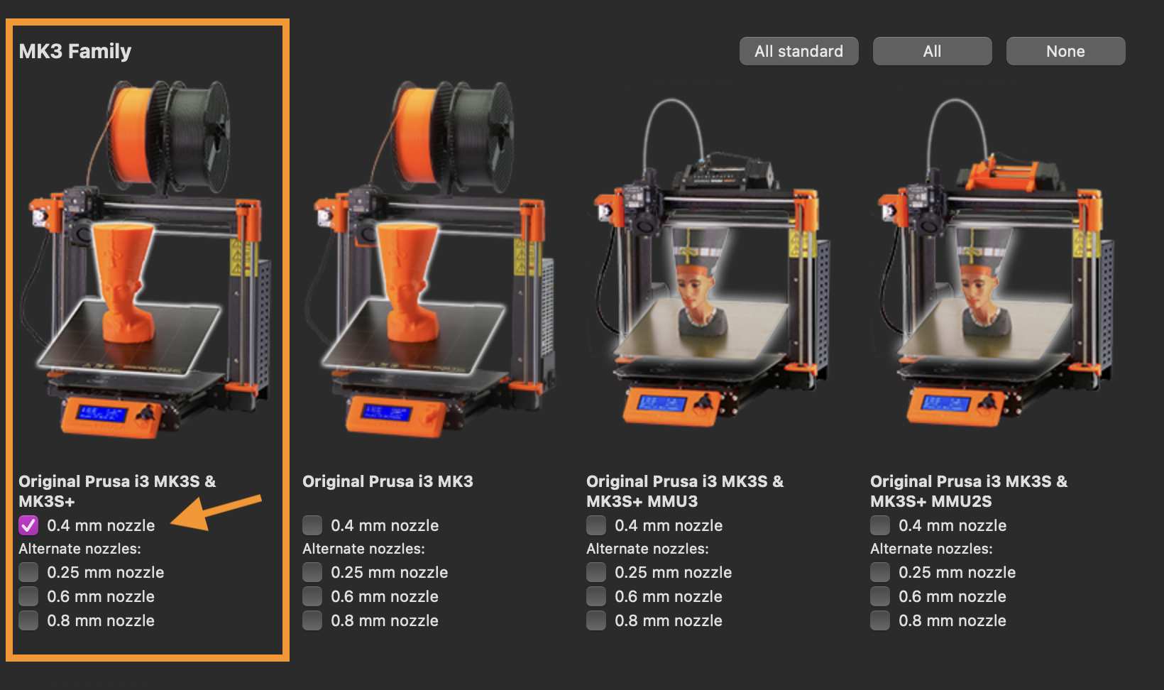 A screenshot of the MK3 Family section on the Prusa FFF Step in PrusaSlicer Configuration Assistant. There is a box around Original Prusa i3 MK3S & MK3S+ and an arrow pointing to the check box for 0.4mm nozzle indicating that you should check this box