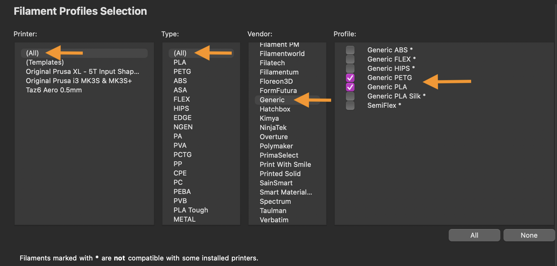 A screenshot of the Filament Profiles Selection screen in the PrusaSlicer Configuration Assistant. It has arrows to indicate that you should select the "(All)" category under "Printer:", the "(All)" category under "Type:", the "Generic" category under "Vendor" and then check the boxes next to "Generic PETG" and "Generic PLA"