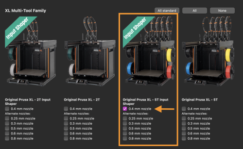 The XL Multi-Tool section on the Prusa FFF Step in PrusaSlicer Configuration Assistant. There is a box around Original Prusa XL - 5T Input Shaper and an arrow pointing to the check box for 0.4mm nozzle indicating that you should check this box.
